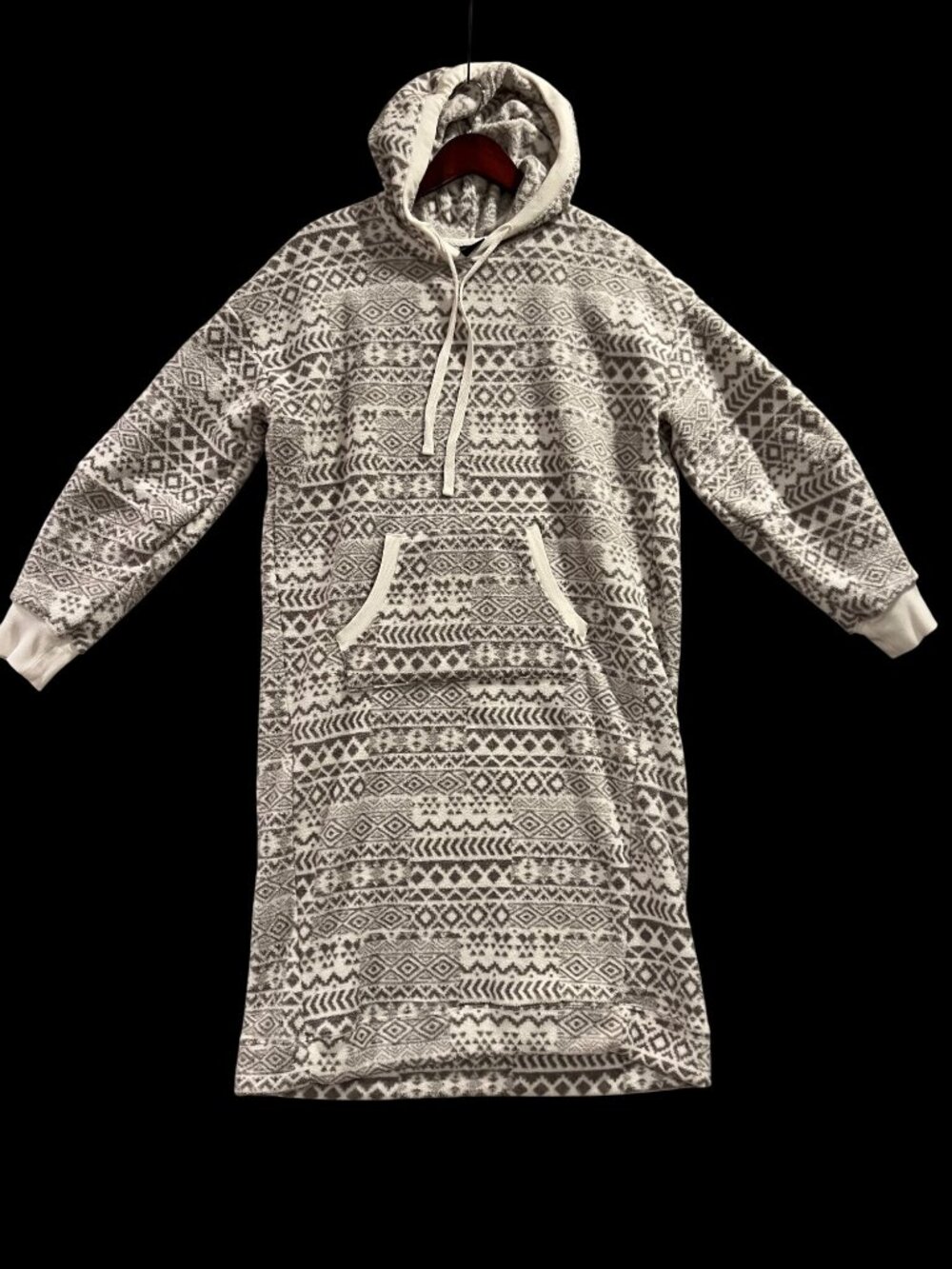 Cuddl Duds Womens Hooded Fleece Nightgown Gray White Aztec Print Medium